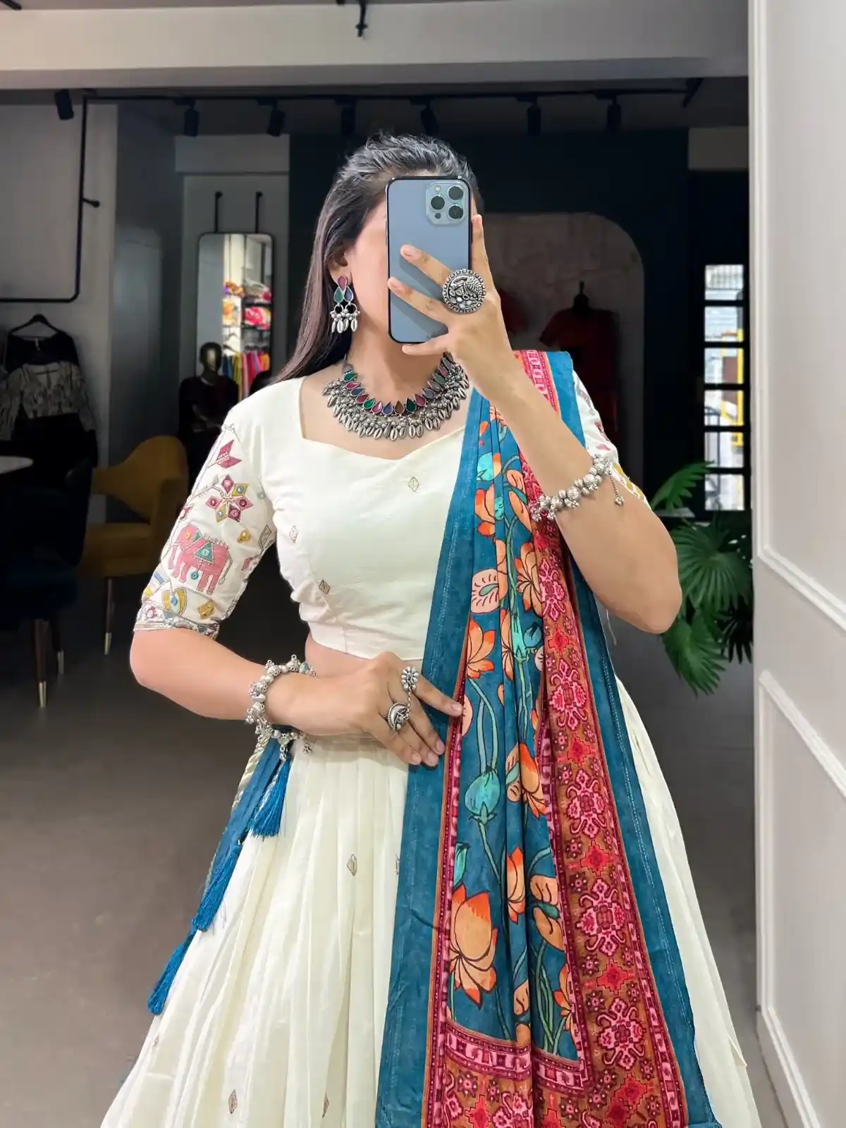 Ivory Treasury Embroidered Chaniya Choli with Royal Pink Dupatta – Luxe Heritage Edition - Image 5