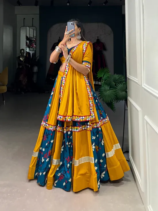 Cultural Dividend Mustard Yellow & Teal Printed Chaniya Choli – Festival Wealth Edition - Image 6