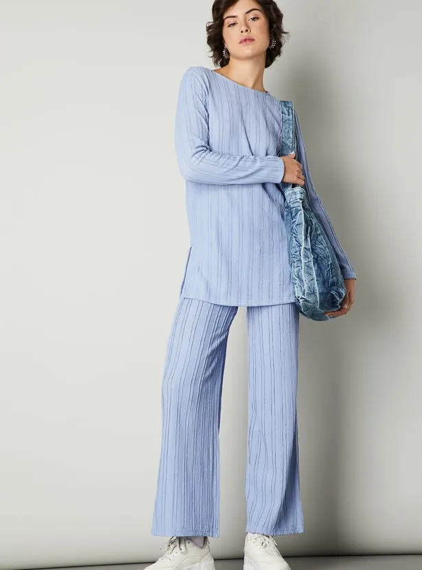 Light Blue Textured Wide-Leg Pants – Minimal Luxe Comfort for Everyday Style - Image 2