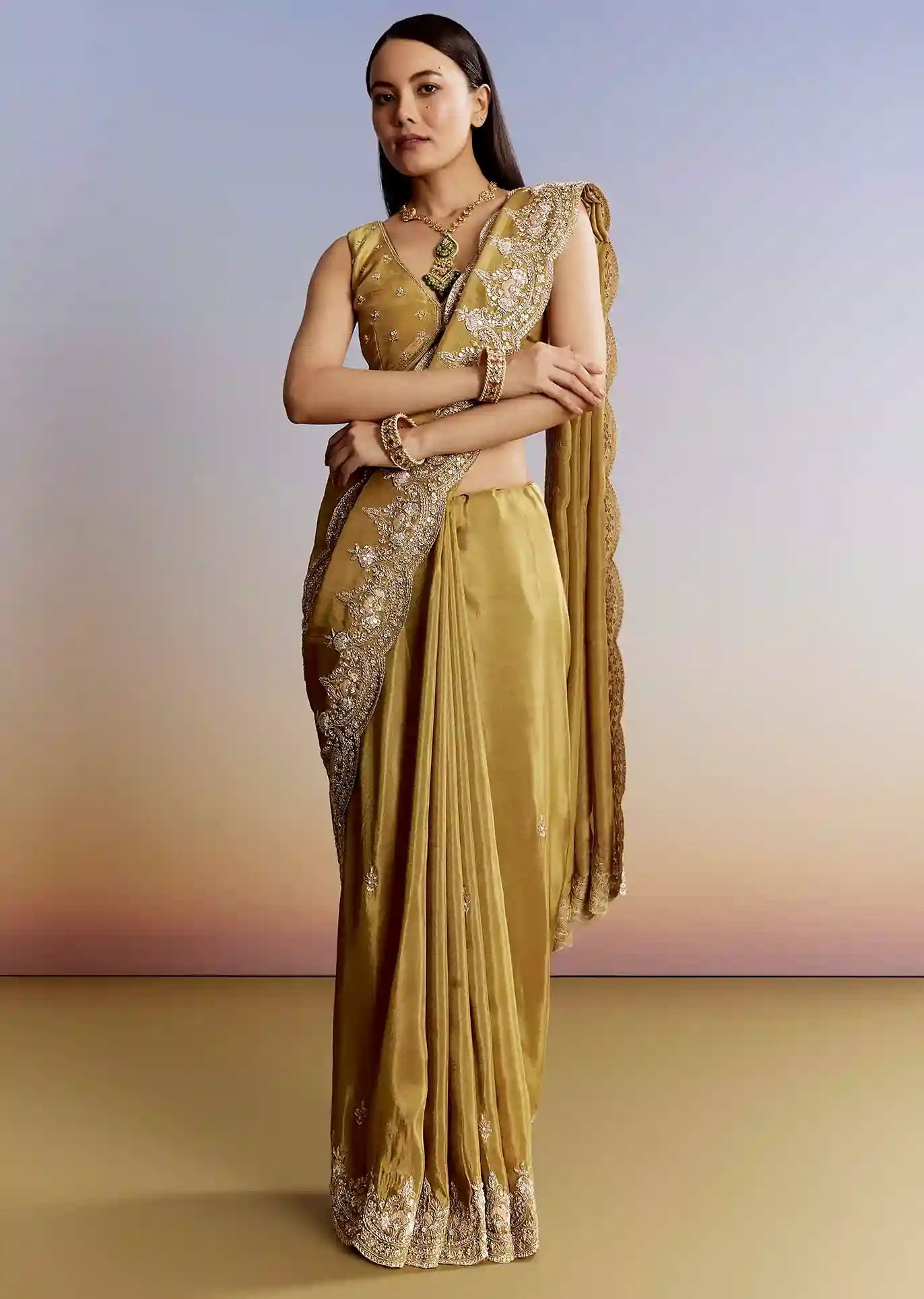 Golden Yield Crush Tissue Saree with Gota Zari & Bead Embroidery – Couture Meets Capital