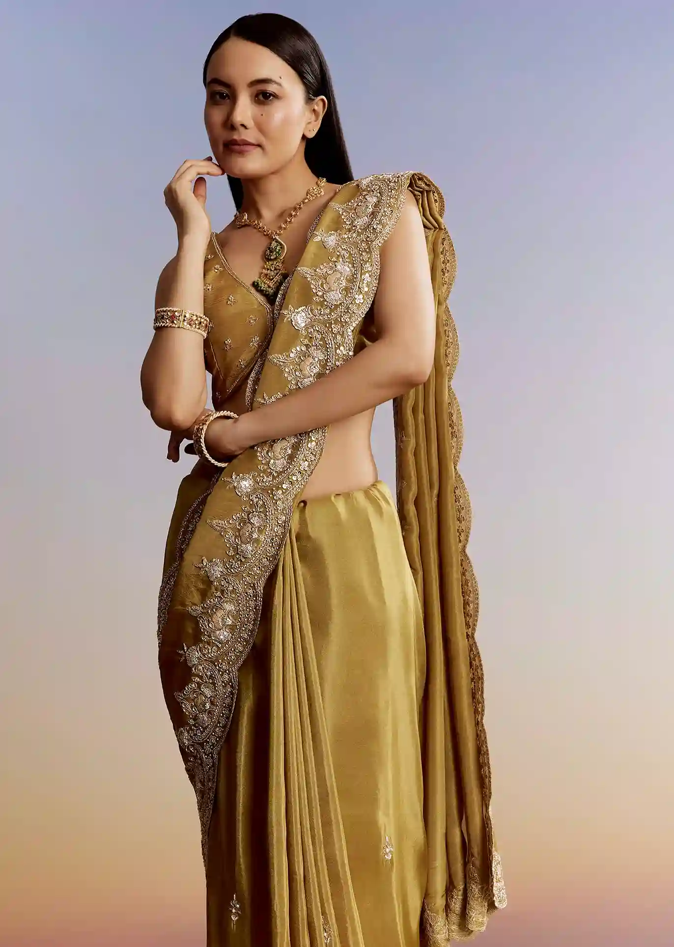 Golden Yield Crush Tissue Saree with Gota Zari & Bead Embroidery – Couture Meets Capital - Image 4
