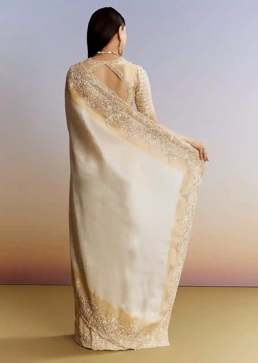 Ivory Dividend White & Gold Embroidered Saree - Image 3