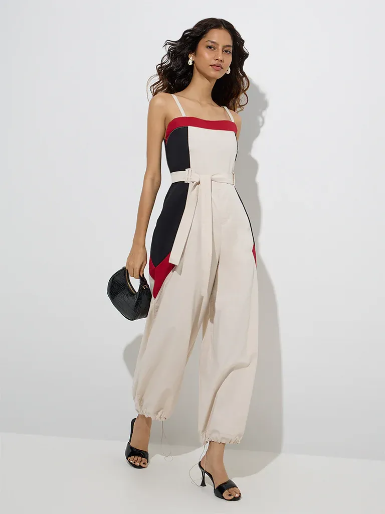 Powerline Colorblock Belted Jumpsuit – Ecru
