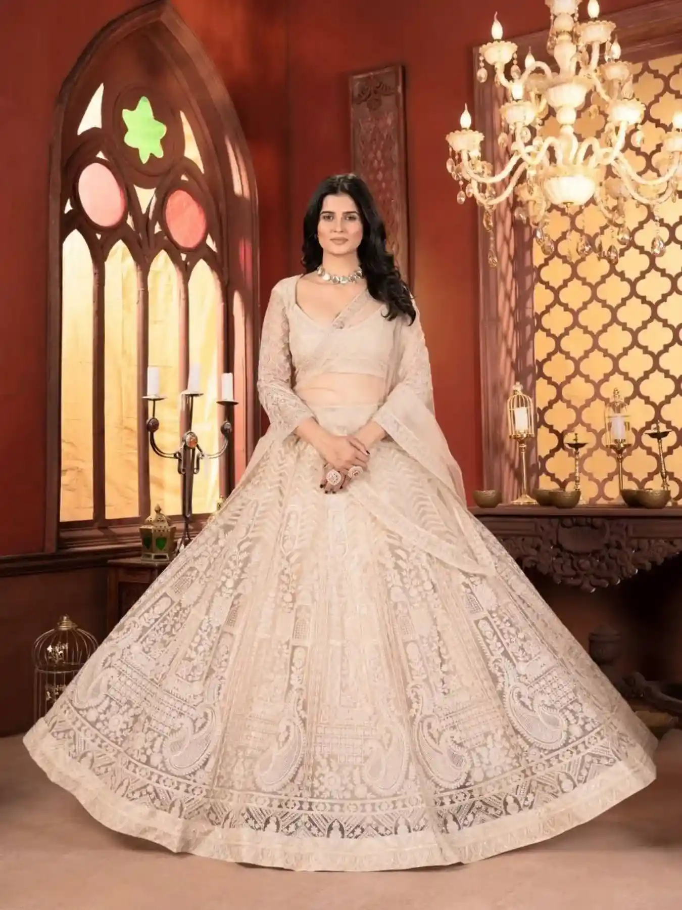 Dazzling Beige Thread Work Net Lehenga Choli – US Trend Luxury Wedding Couture