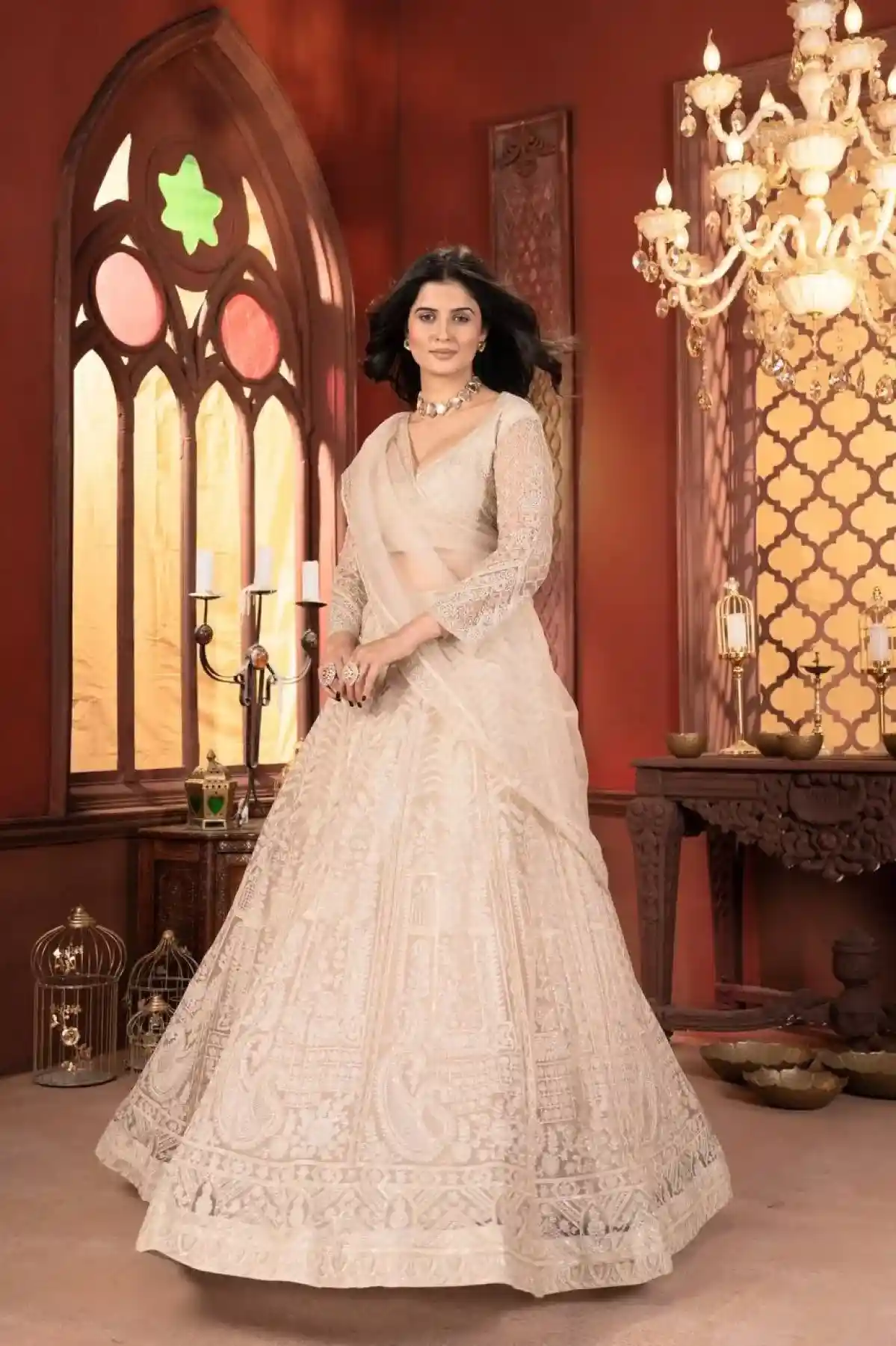 Dazzling Beige Thread Work Net Lehenga Choli – US Trend Luxury Wedding Couture - Image 4