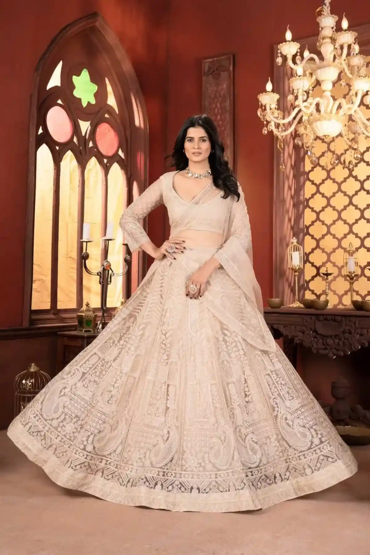 Dazzling Beige Thread Work Net Lehenga Choli – US Trend Luxury Wedding Couture - Image 2