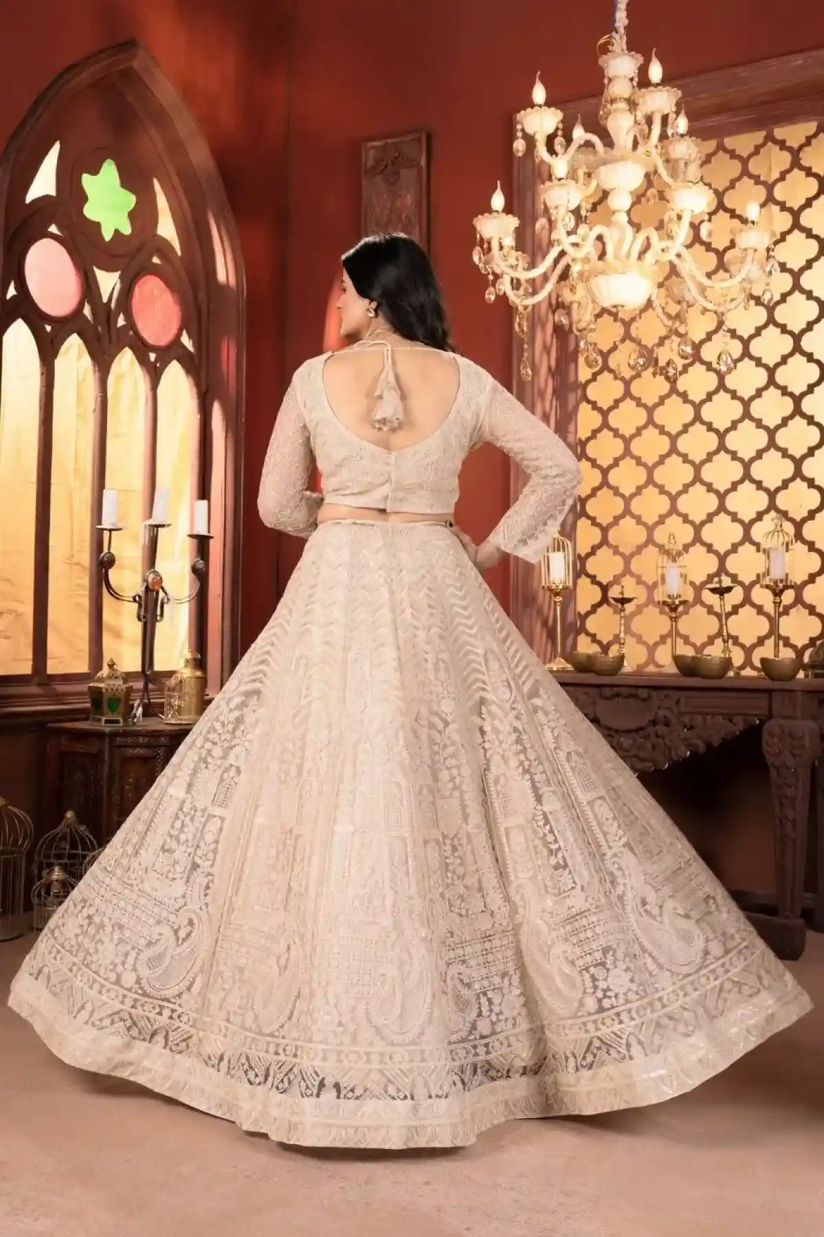 Dazzling Beige Thread Work Net Lehenga Choli – US Trend Luxury Wedding Couture - Image 3
