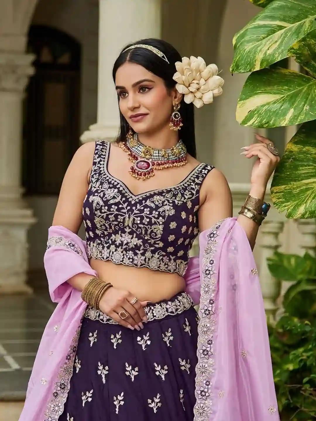 Royal Burgundy Organza Embroidered Lehenga Choli with Baby Pink Dupatta - Image 6