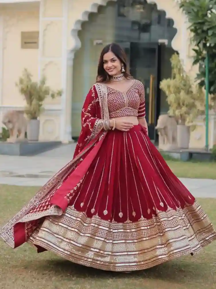Heavy Sequins & Zari Embroidered Velvet Lehenga Choli - Image 6