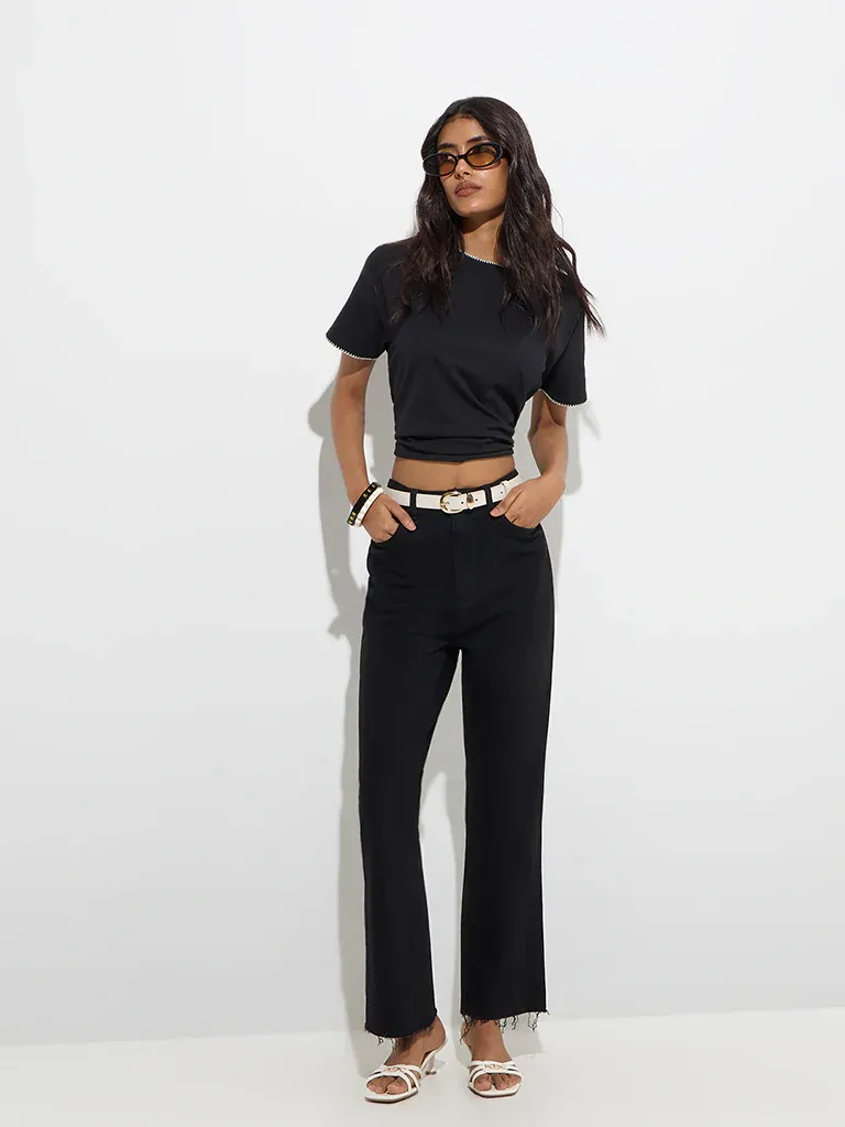 Women’s Black Contrast-Stitch Crew Neck T-Shirt