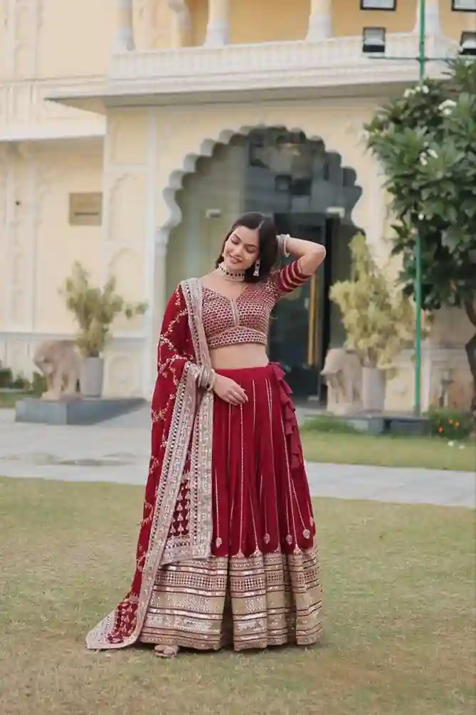 Heavy Sequins & Zari Embroidered Velvet Lehenga Choli - Image 8