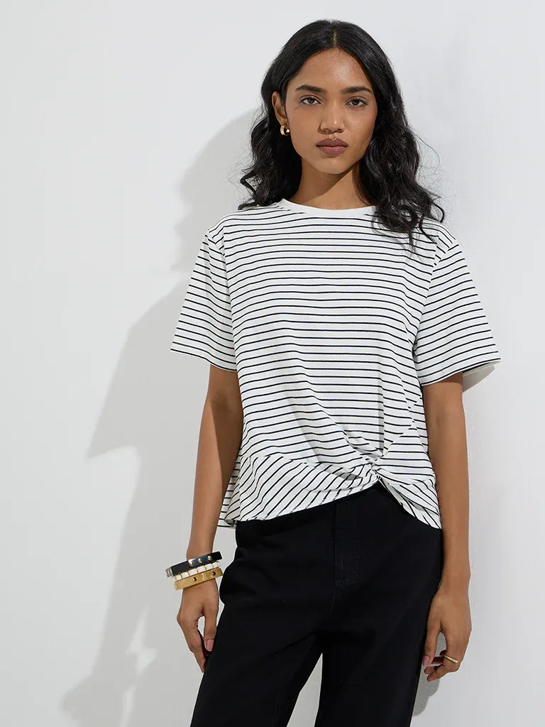 Women’s Black & White Striped Knot-Front T-Shirt - Image 3