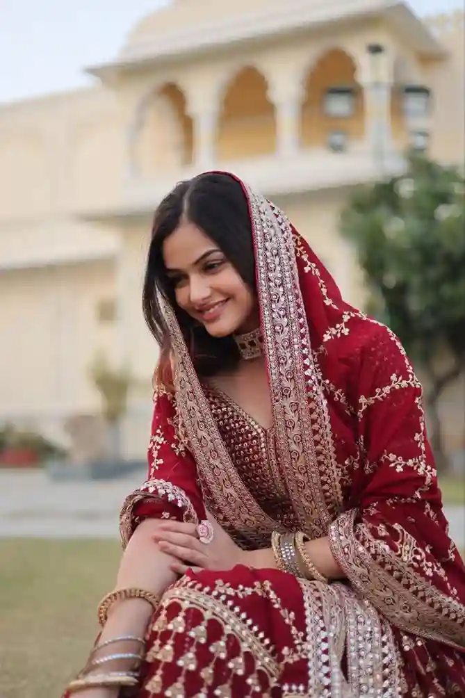 Heavy Sequins & Zari Embroidered Velvet Lehenga Choli - Image 2