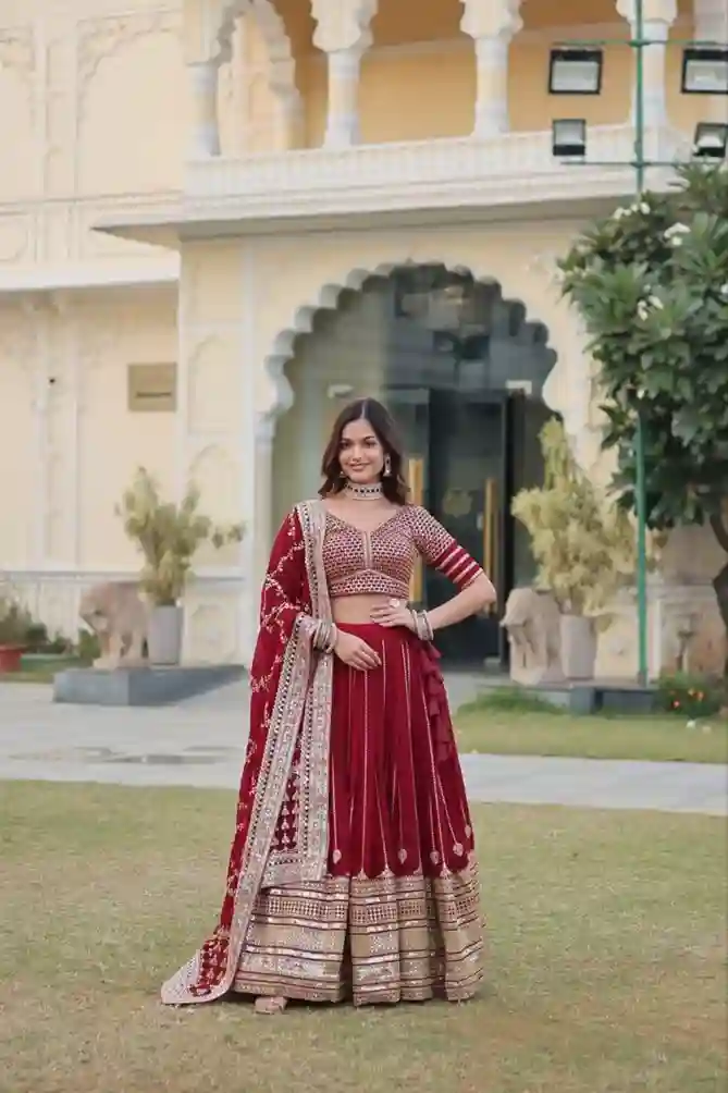 Heavy Sequins & Zari Embroidered Velvet Lehenga Choli - Image 7