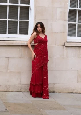 Red Embroidered Saree – Urban Royalty with a Global Trade Edge