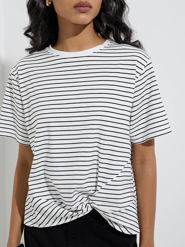 Women’s Black & White Striped Knot-Front T-Shirt - Image 4