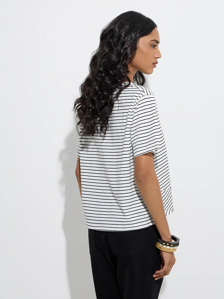 Women’s Black & White Striped Knot-Front T-Shirt - Image 2