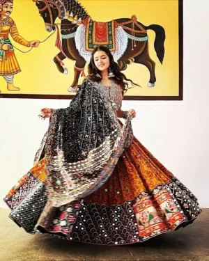 Midnight Marigold Chaniya Choli – Mirrorwork Magic, Folk Elegance