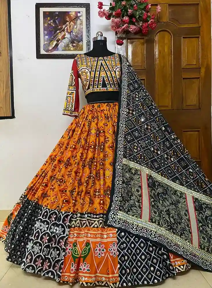 Midnight Marigold Chaniya Choli – Mirrorwork Magic, Folk Elegance - Image 2