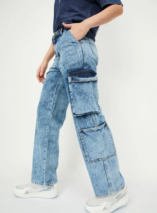 Mid-Blue Acid Wash Cargo Jeans – Utility Streetwear for Trend-Driven Style - Image 5