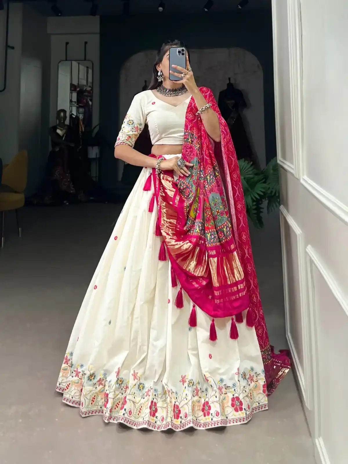 Ivory Treasury Embroidered Chaniya Choli with Royal Pink Dupatta – Luxe Heritage Edition