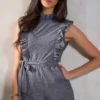 Executive Pinstripe Ruffle Romper – Wall Street Chic Edition