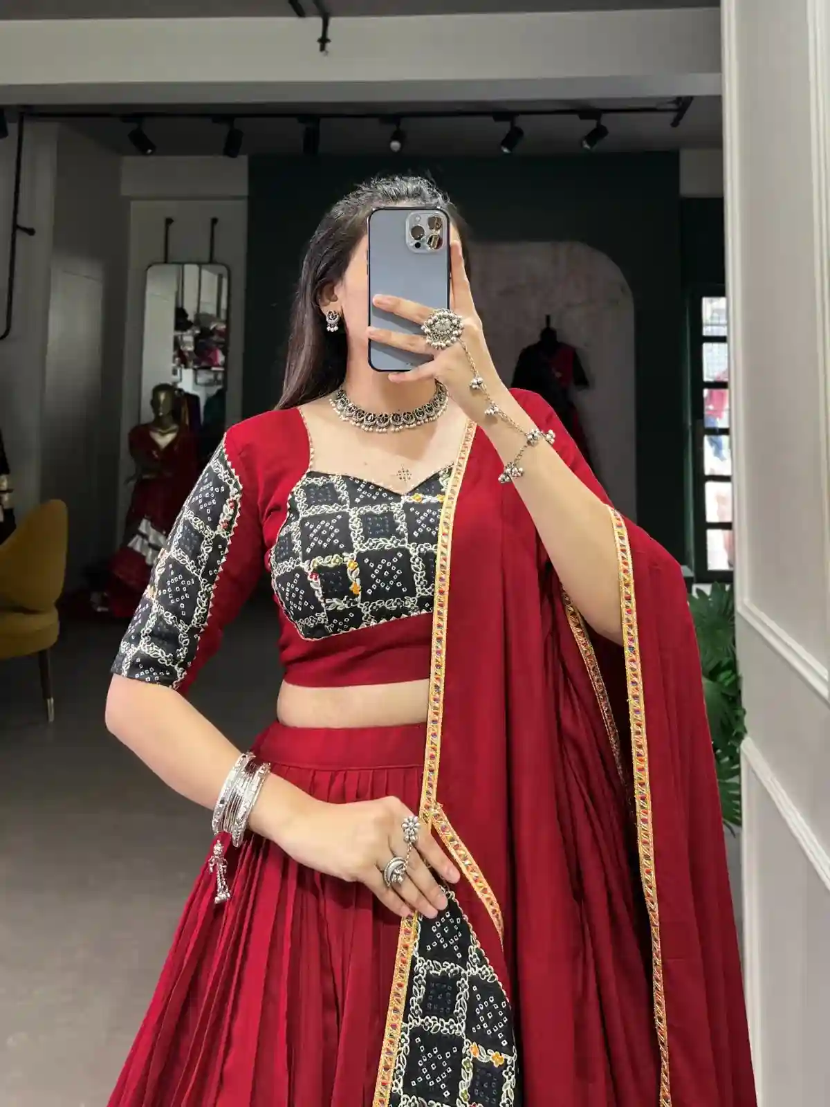 Mehendi Ruby Chaniya Choli – Vibrant Contrast, Timeless Grace - Image 5