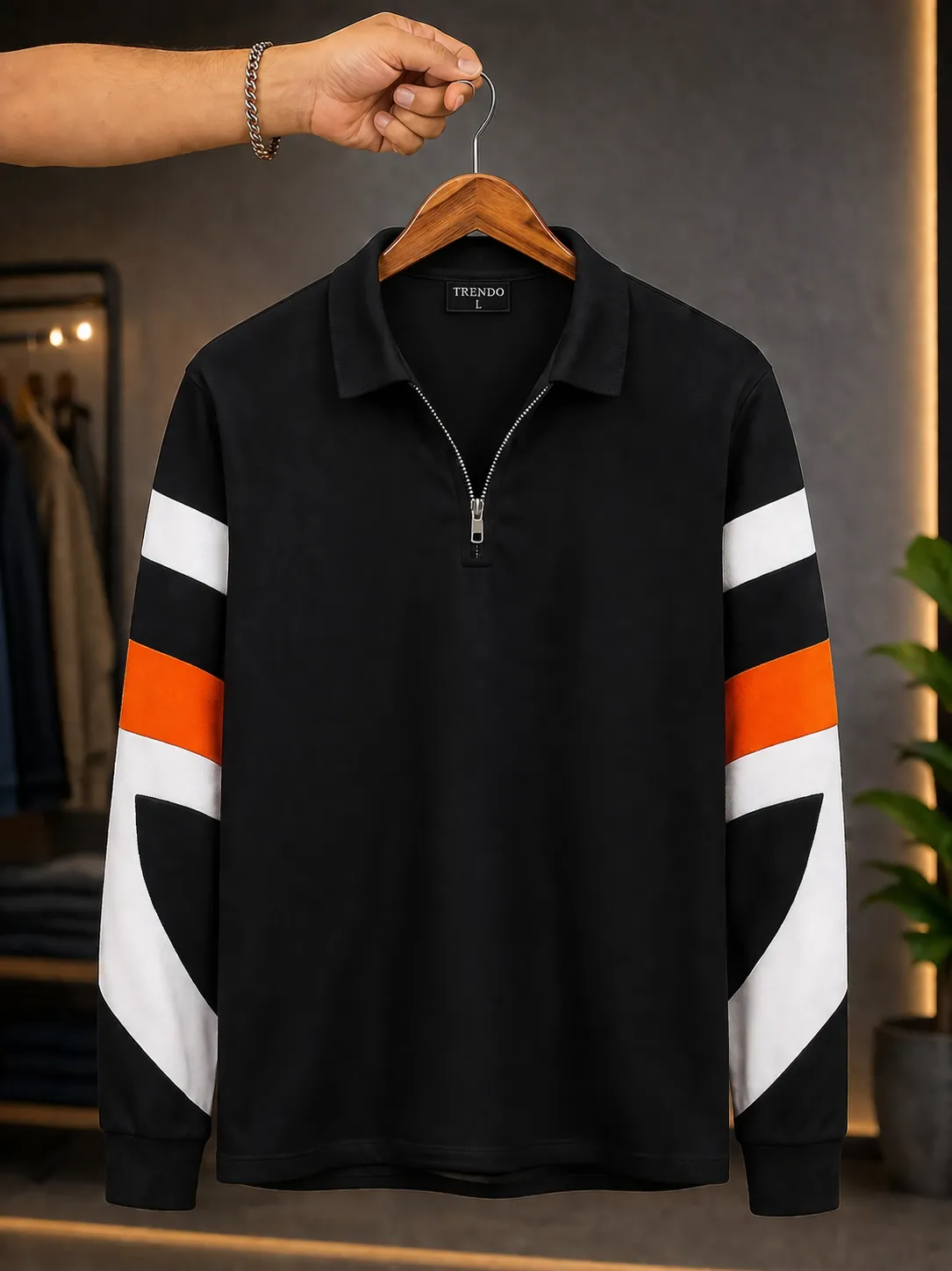 Men’s Stylish Zip Polo T-Shirt – Color Block Full Sleeve Trendy Wear - Image 2
