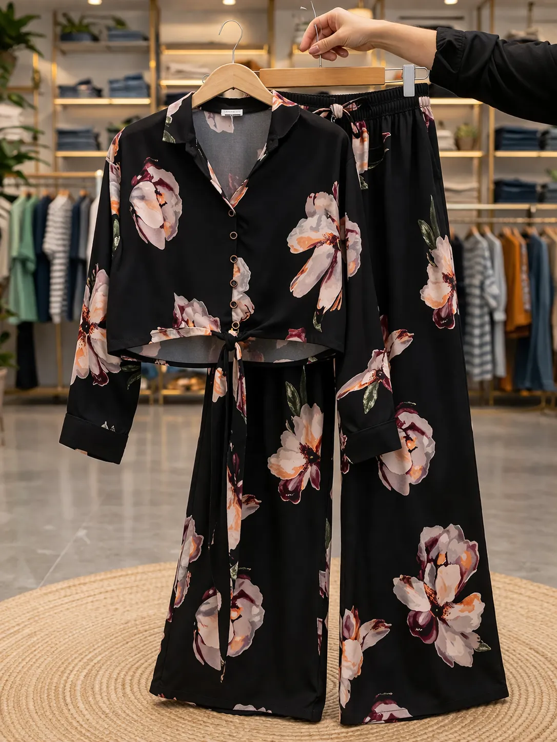 Women’s Floral Co-Ord Set – Crop Top with High-Waist Flared Pants