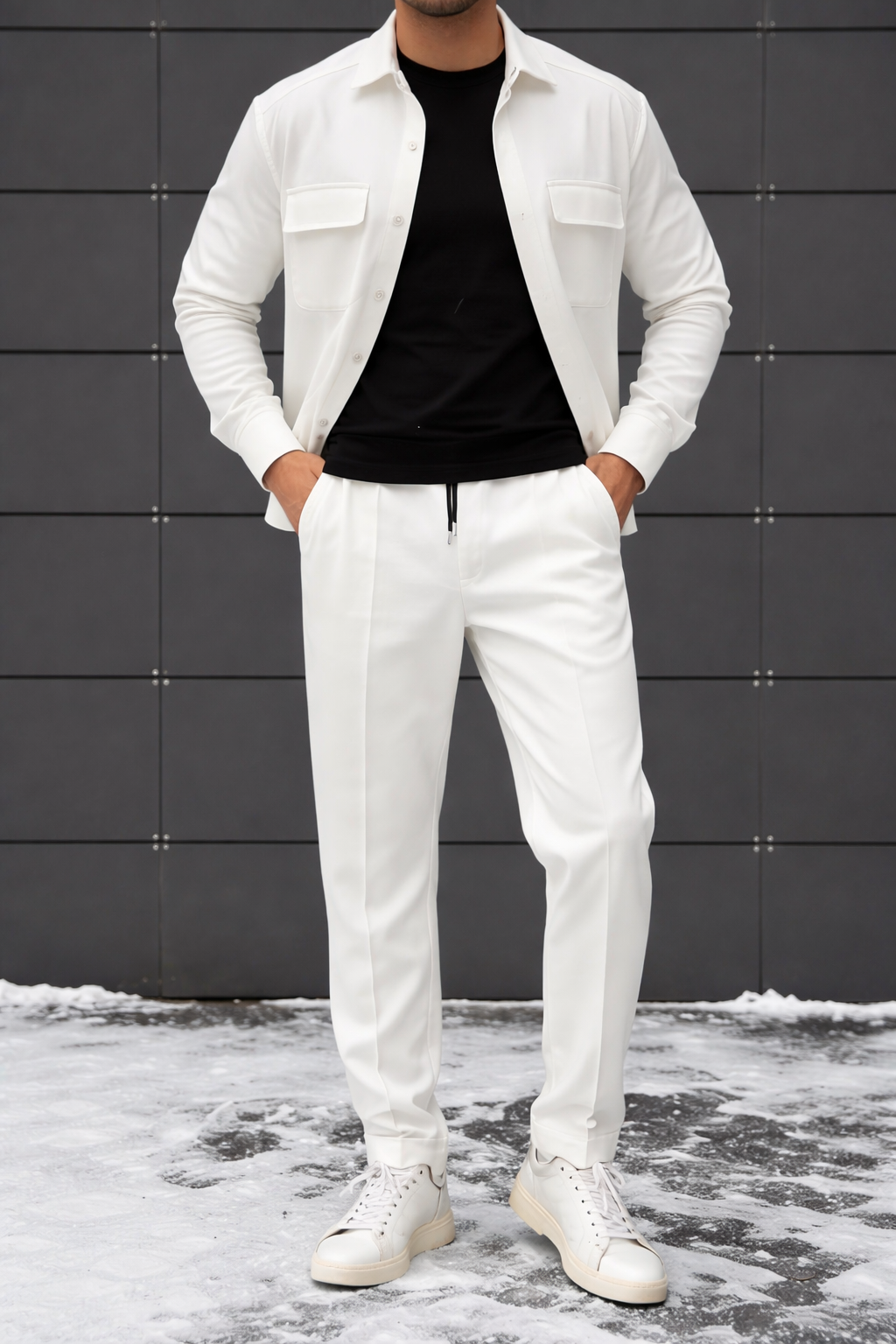 Men’s Modern Casual Set – Black Utility Shirt Jacket with White Tee & Tapered Pants - Image 2