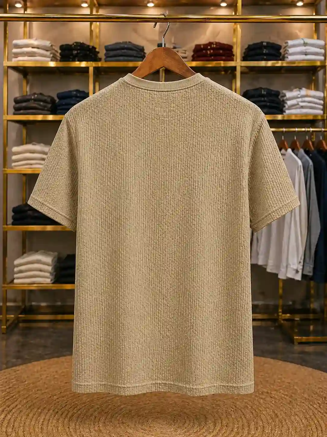 Men’s Premium Textured Knit T-Shirt – Beige Leopard Print Casual Wear Half Sleeve - Image 2