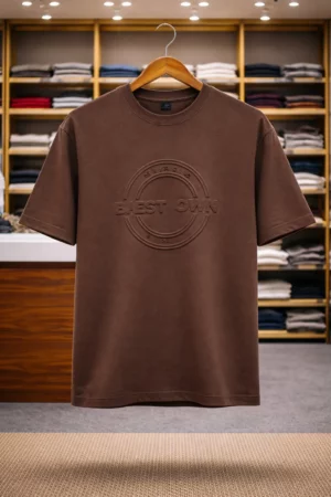 Men’s Premium Brown Oversized T-Shirt – Embossed Logo Casual Wear