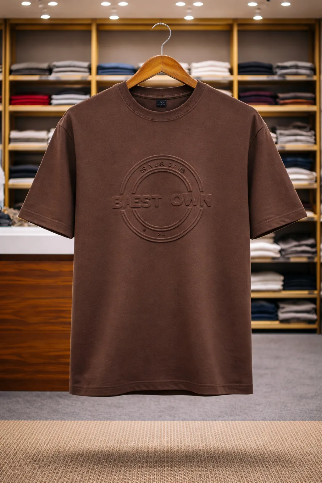 Men’s Premium Brown Oversized T-Shirt – Embossed Logo Casual Wear