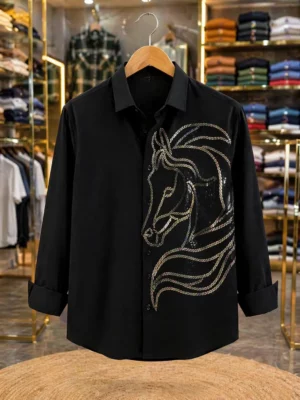 Men’s Premium Black Designer Shirt – Embellished Horse Motif | Bold Luxury Statement