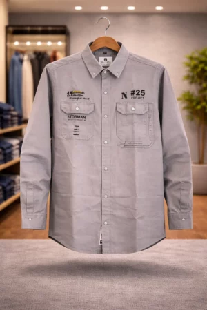 Men’s Premium Grey Cargo Shirt – Full Sleeve Printed Pocket Style Shirt