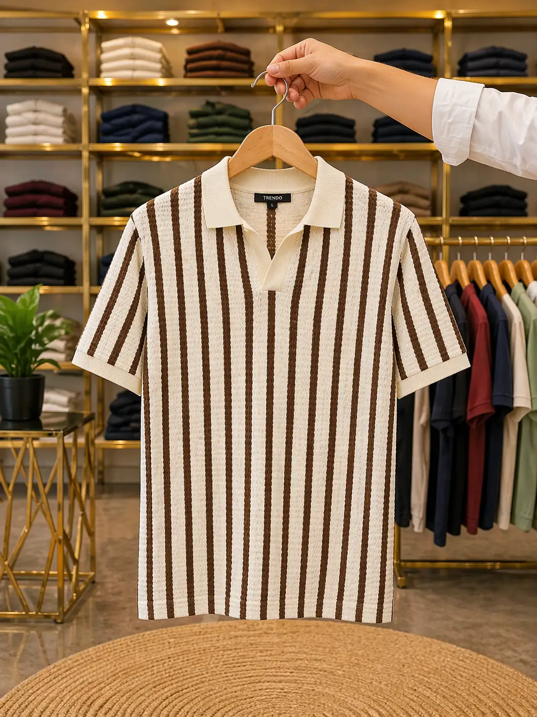Men’s Fashion Vertical Stripe Polo T-Shirt – Cream Brown Half Sleeve - Image 2