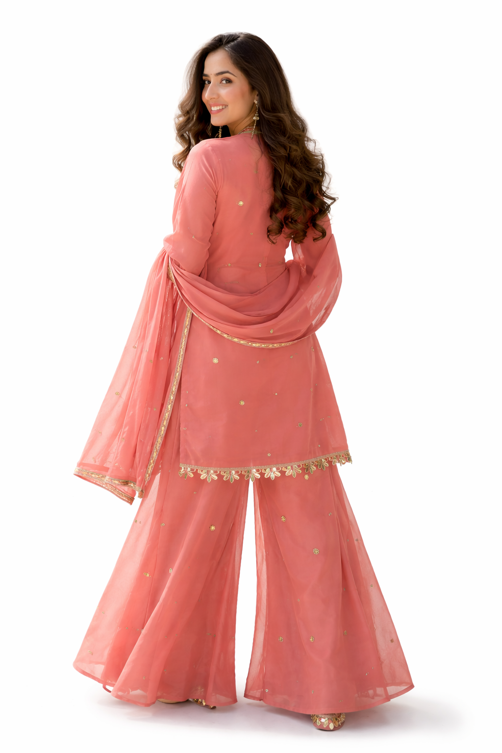 Women’s Peach-Pink Kurta Palazzo Set – Sheer Dupatta with Gold Accents - Image 2