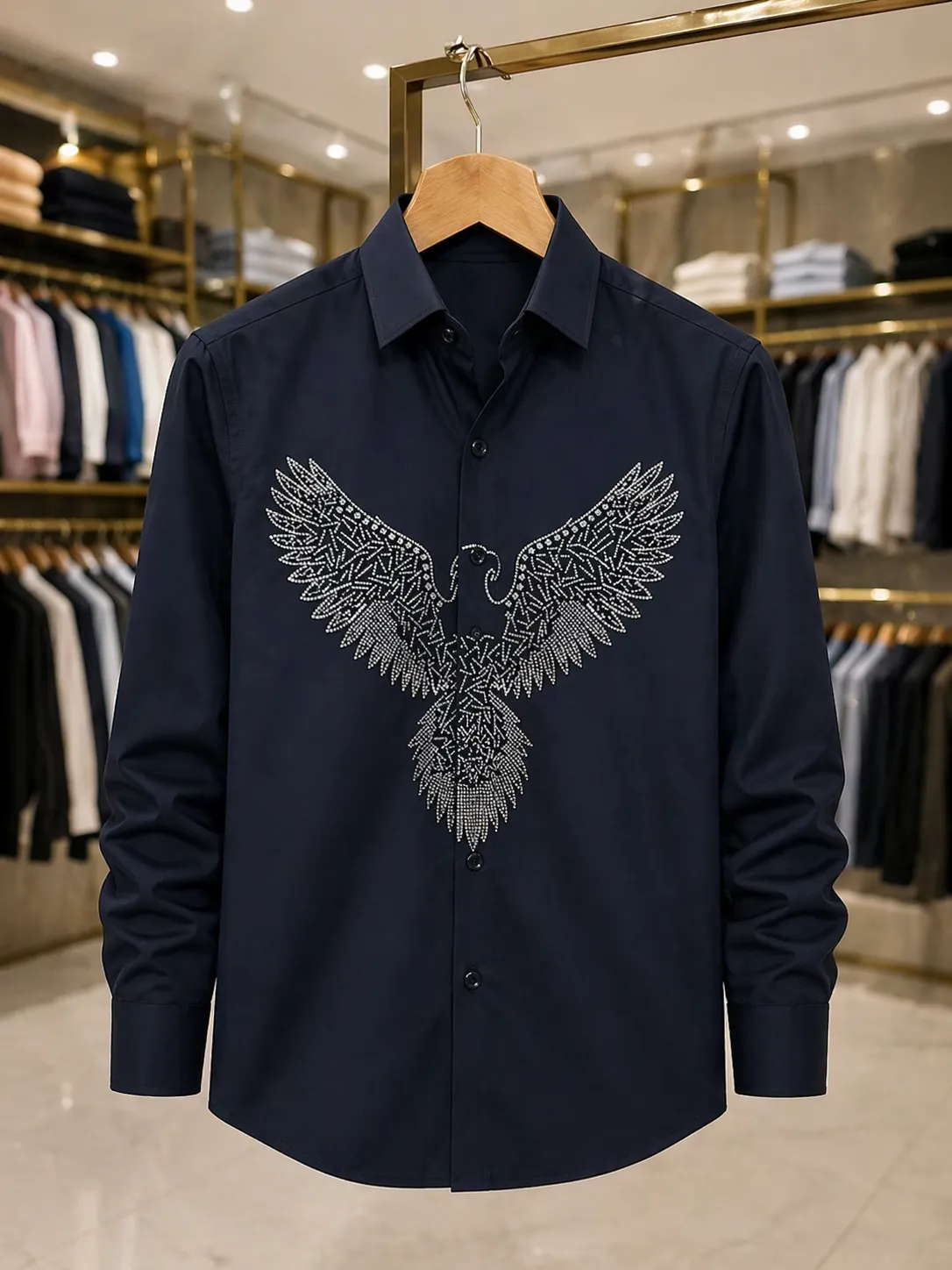 Men’s Premium Eagle Embroidery Shirt – Navy Blue Full Sleeve Shirt