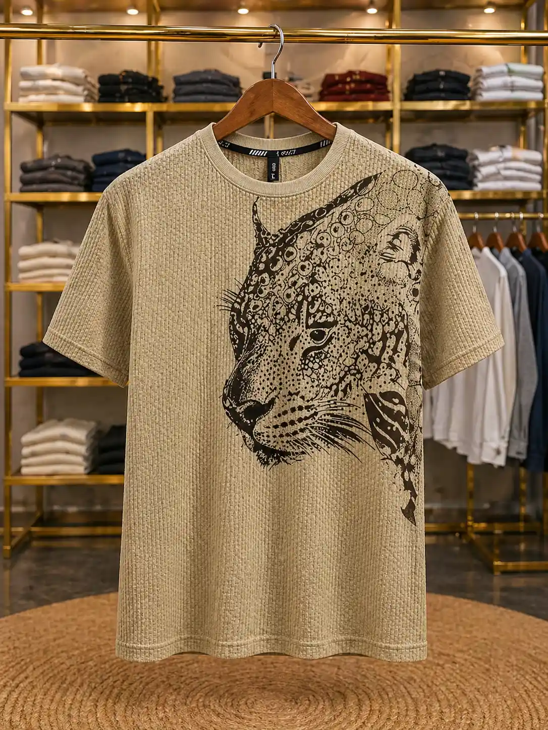 Men’s Premium Textured Knit T-Shirt – Beige Leopard Print Casual Wear Half Sleeve