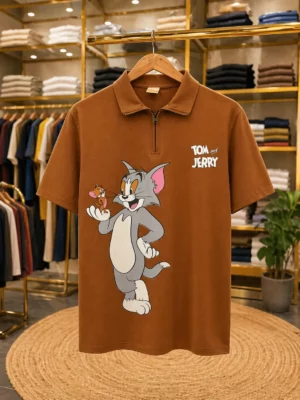Men’s Collar Neck Polo T-Shirt – Brown Cartoon Print Tee