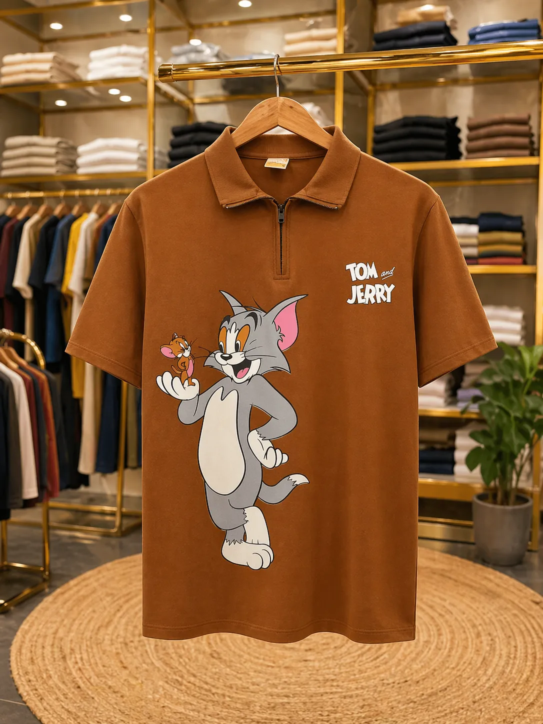 Men’s Collar Neck Polo T-Shirt – Brown Cartoon Print Tee