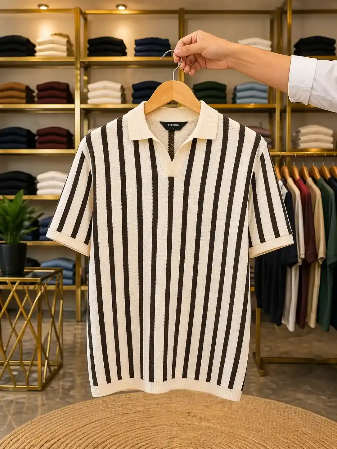 Men’s Fashion Vertical Stripe Polo T-Shirt – Cream Brown Half Sleeve