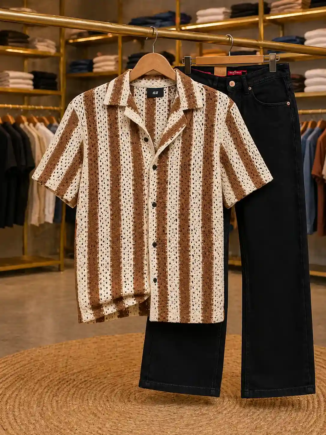 Men’s Perfect Matching Set – Striped Shirt with Black Jeans Combo