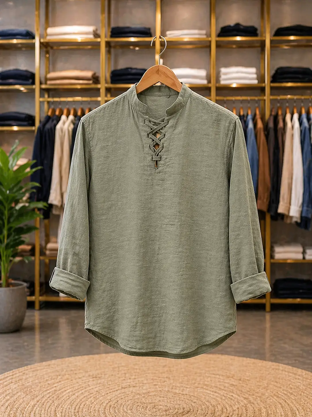 Men’s Stylish Lace-Up Henley T-Shirt – Olive Green Full Sleeve Casual Tee