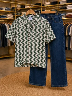 Men’s Cool Zig-Zag Pattern Shirt – Green White Half Sleeve Stylish Shirt