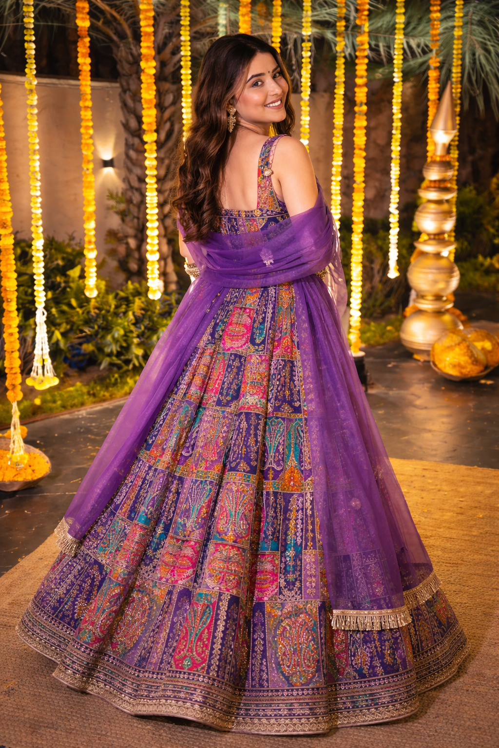 Women’s Multicolor Printed Lehenga Set – Vibrant Patchwork with Sheer Dupatta - Image 2