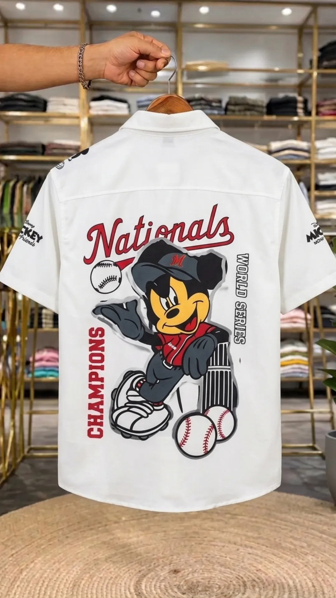Men’s Trendy Cartoon Printed Shirt – White Mickey Print Half Sleeve Shirt - Image 2