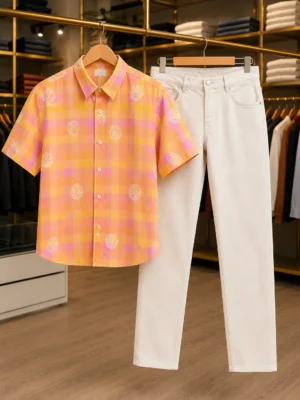 Men’s Peach Checked Printed Shirt with White Denim Jeans Combo Set