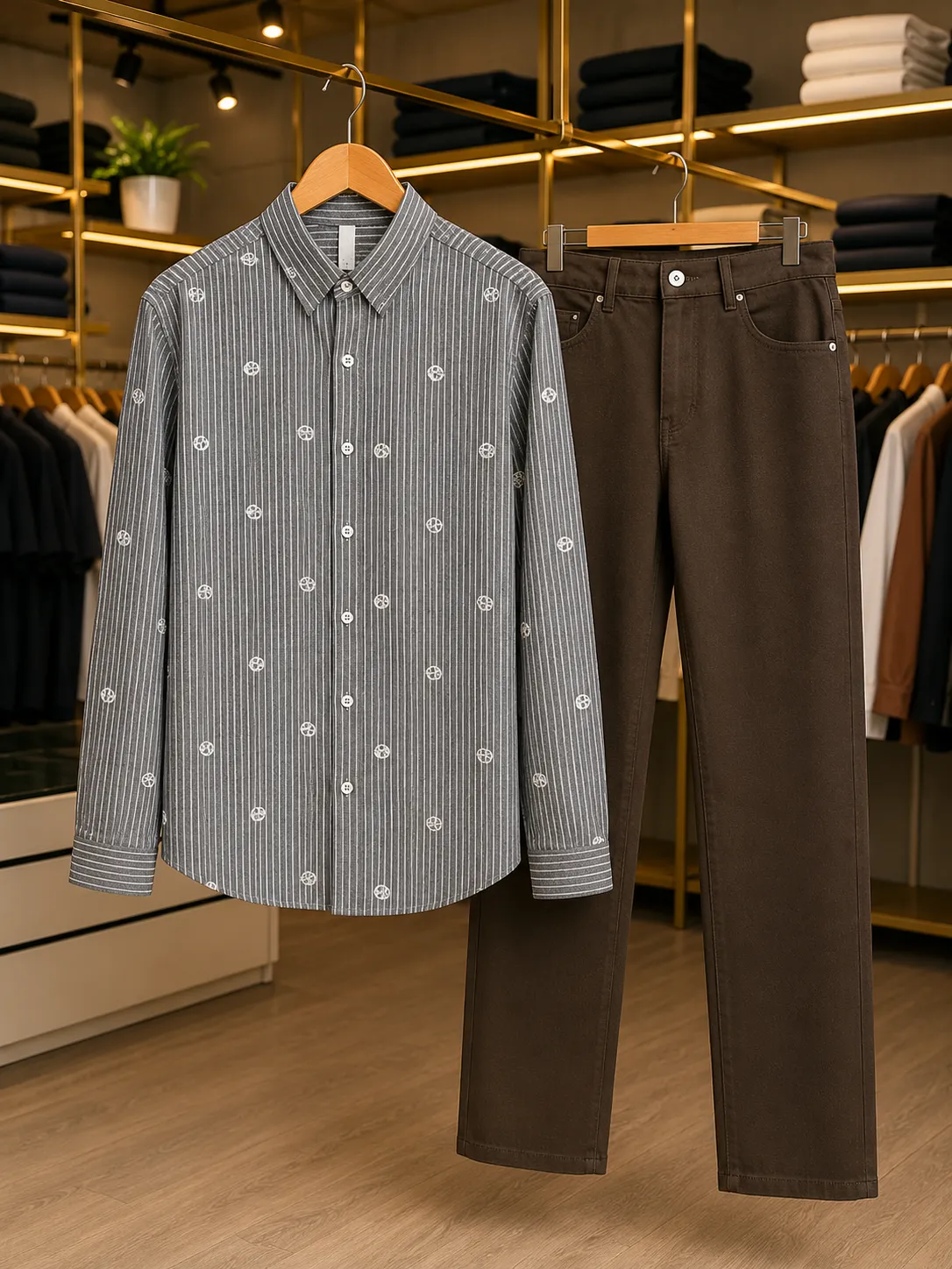 Men’s Peach Checked Printed Shirt with White Denim Jeans Combo Set - Image 2