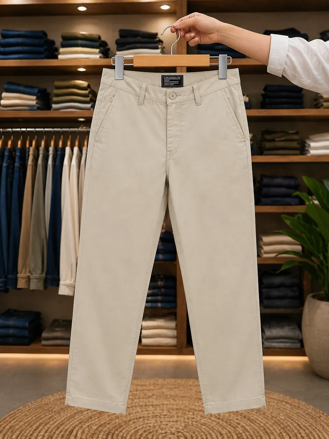 Men’s Classic Casual Trousers – Beige Solid Slim Fit Pants